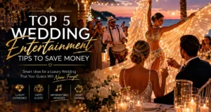 Luxury wedding entertainment performance in Greece with professional dancers entertaining guests at an elegant destination wedding.